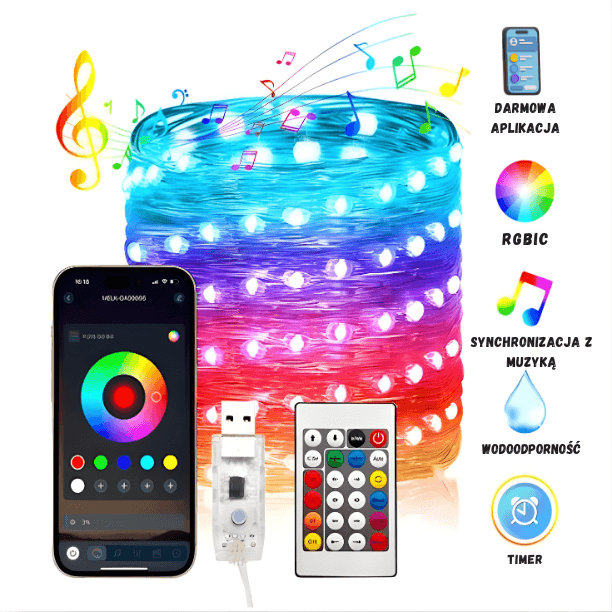 SmartFlash-Lampki Choinkowe (10 M, 100 LED )  – Apka + Pilot